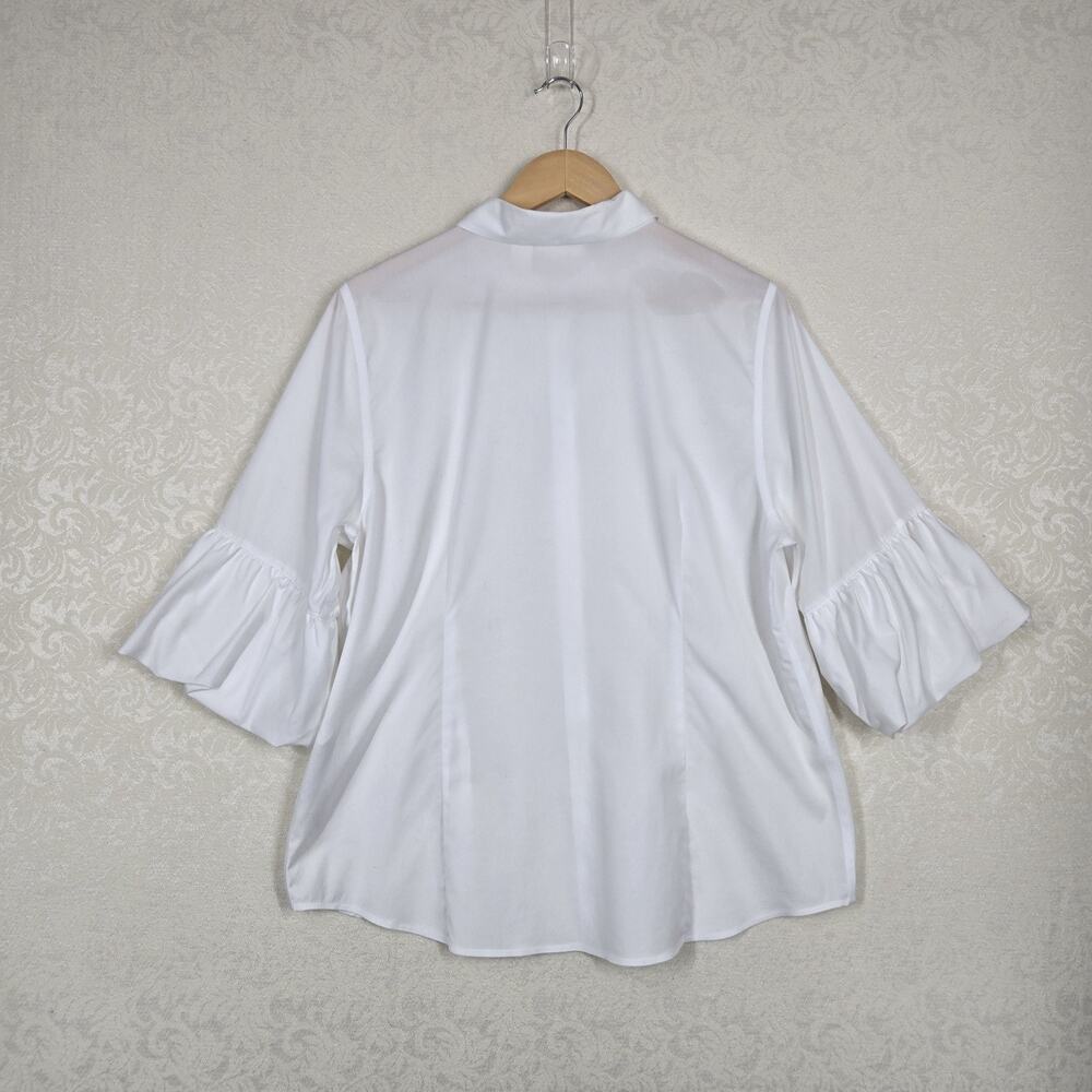 Chico’s No Iron Top Sz 2-L White Button Front Ruffle Sleeve Stretch Office Chic - Picture 6 of 12